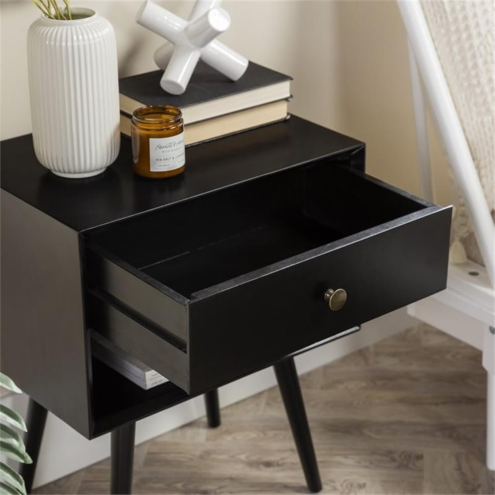 Mid-Century Modern Black Pine Wood 1-Drawer Nightstand
