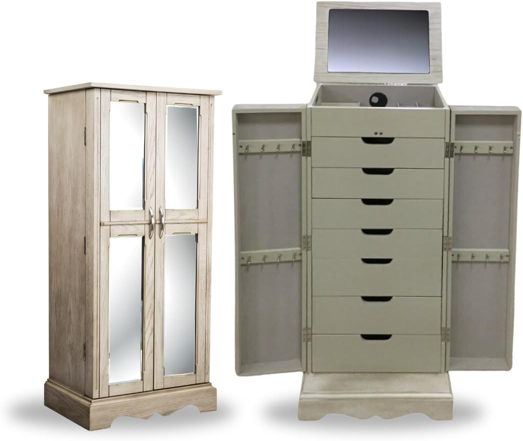 Hives & Honey Meadow Standing Jewelry Armoire Cabinet, Jewelry Storage Organizer with Top Flip Mirror, 2 Doors, 7 Drawers, Jewelry Chest, Jewelry Box for Necklace, Earring, Bracelet, Taupe