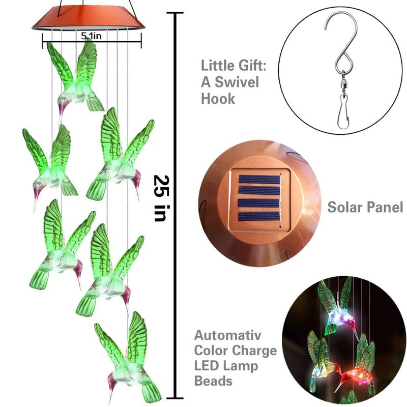 Solar Mobile Wind Chime with Color-Changing LED Lights - Waterproof Hummingbird Wind Chimes for Home, Party, Garden Decoration (Copper Board Hummingbird)