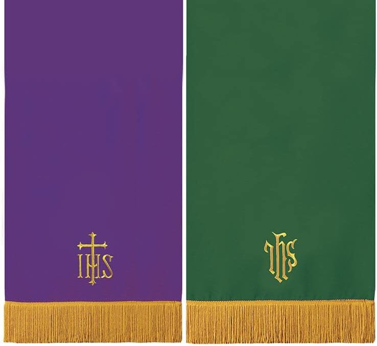 Reversible Green and Purple Polyester Communion Table Runner with Gold Fringe