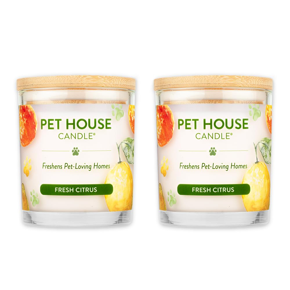 One Fur All Pet House Candle - Fresh Citrus Pack of 2-100% Plant-Based Wax Candle - Pet Odor Eliminator for Home - Non-Toxic & Eco-Friendly Air Freshening Scented Candles
