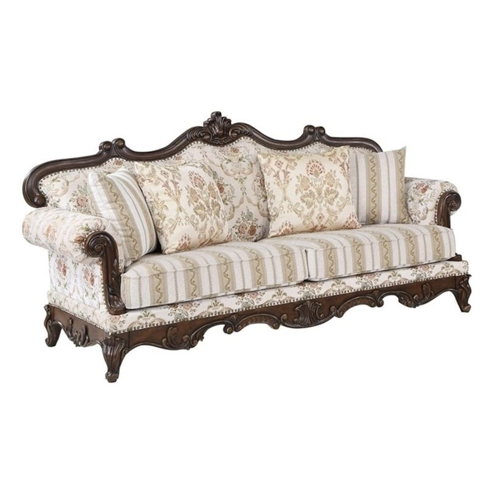 Nayla Walnut Floral Fabric Rolled Arm Sofa with Pillows