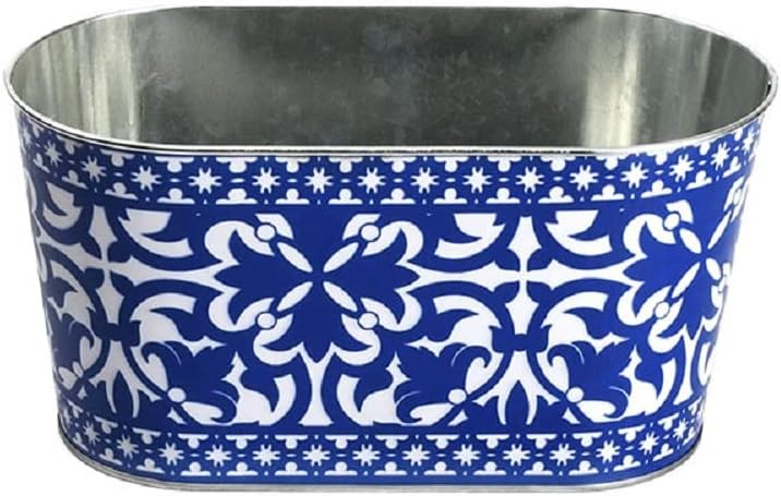 Navy and White Portuguese Style Metal Oval Planters, Set of 2