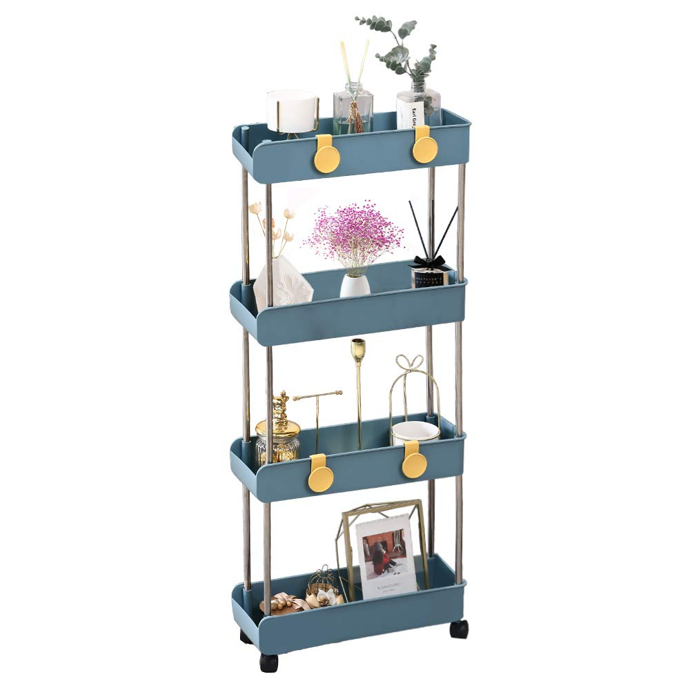 Melody House 4-Tier Slim Storage Cart, Navy Blue, Easy to Install, Durable Plastic and Stainless Steel Shelving Unit, Ideal for Small Spaces