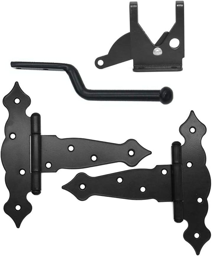 2 Pieces (8 inch) NUZAMAS T-Strap Heavy Duty Shed Hinges + Door Latch Set, Gate Strap Hinge, Door Barn Gates Hinges Black Wrought Hardware Iron Rustproof