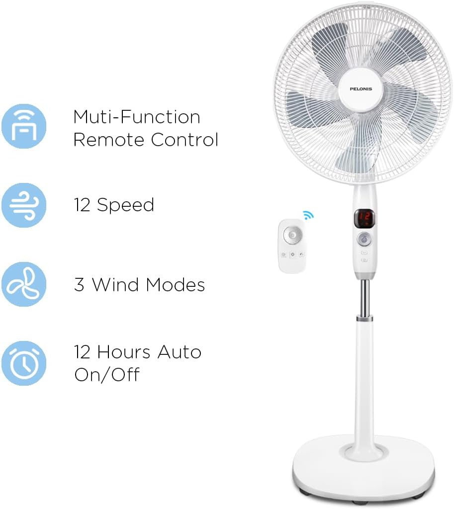 Pelonis 16" 12-Speed Oscillating Pedestal Fan, Ultra Quiet, Remote