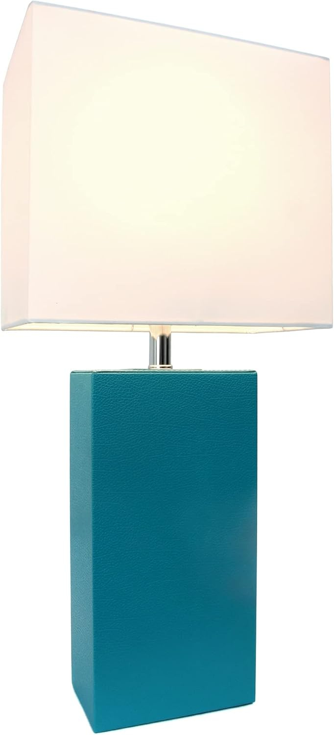 Elegant Designs Modern Leather Table Lamp with White Fabric Shade, Teal