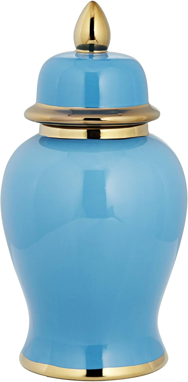 Shiny Turquoise and Gold Porcelain Ginger Jar with Lid