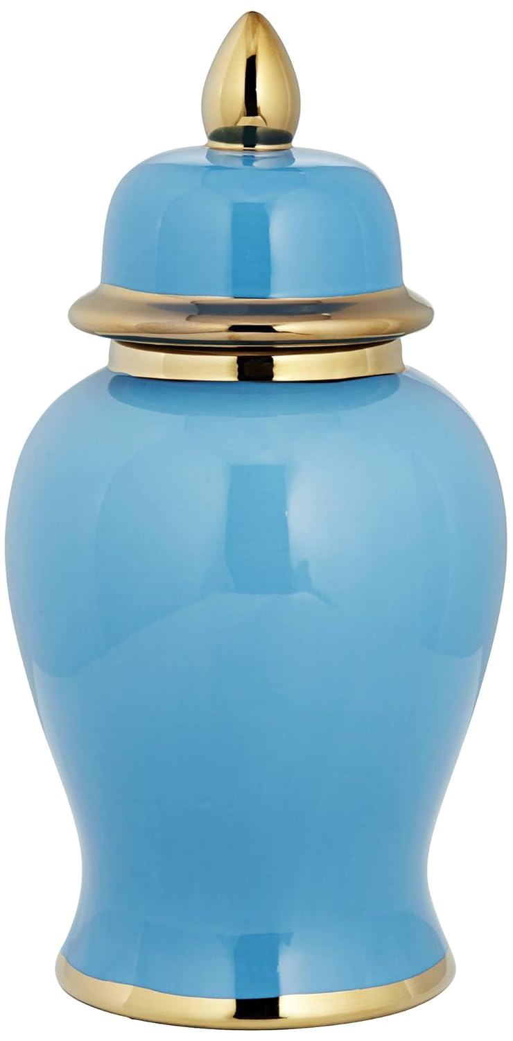 Shiny Turquoise and Gold Porcelain Ginger Jar with Lid