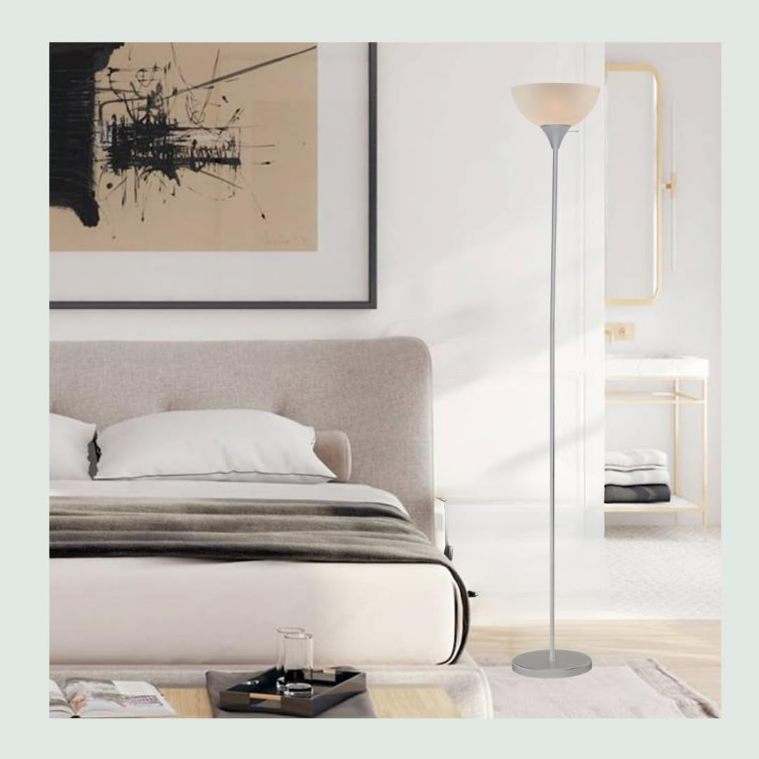 LIGHTACCENTS Stand Up Floor Lamp in Silver- Modern Corner Light with White Opal Bowl Shade - Susan Design, Ideal for Living Room or Office, 72" Tall, 150-watt - Chic Living Room Floor Lamp Silver