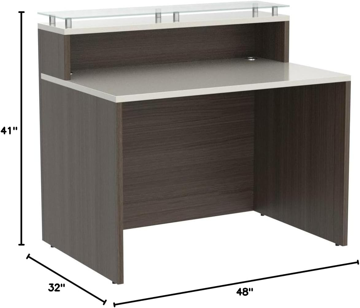 NBF Signature Series Esquire Reception Desk Glass Top, Driftwood Silver Laminate Desk 48”Wx32”D