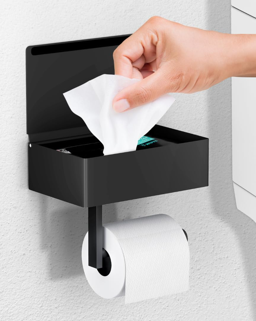 Large Matte Black Stainless Steel Toilet Paper Holder with Shelf