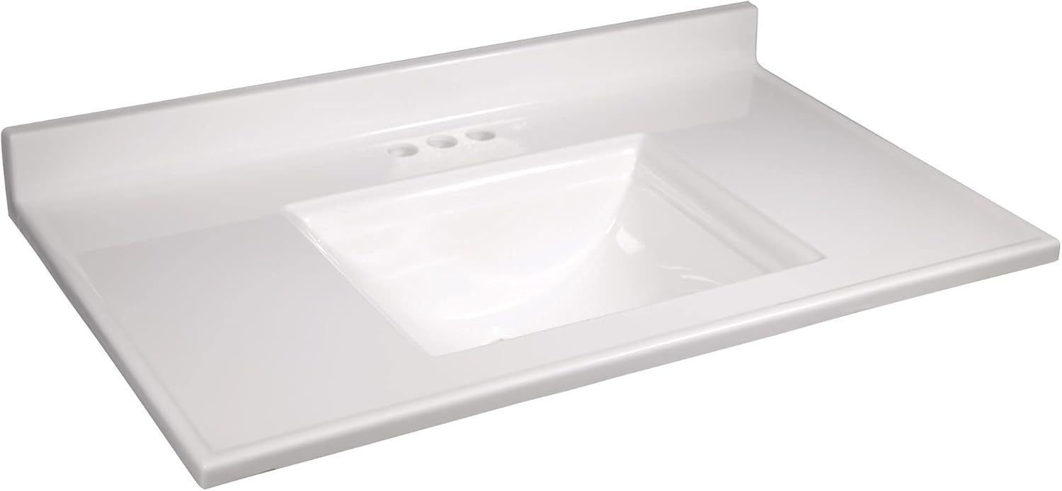 Camilla 37 in Cultured Marble Center Mount Rectangle One Bowl Vanity Top with Backsplash in Solid White
