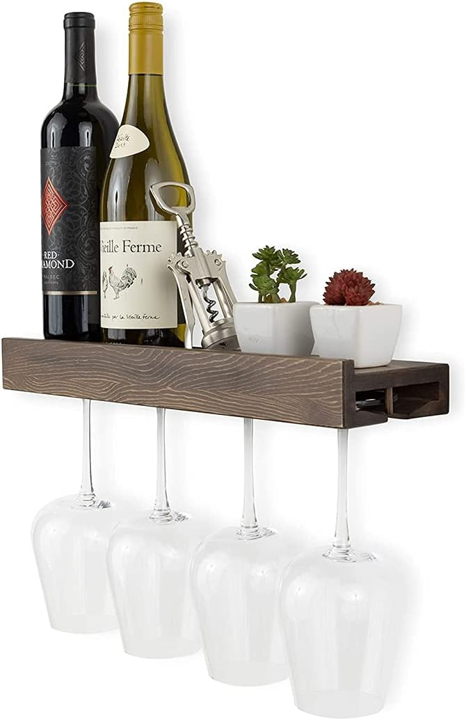 Rustic State Smith Wall Mounted Wood Floating Wine Bottle Rack with Glassware Holder Stemware Shelf Storage Organizer - Home, Kitchen, Dining Room Bar Décor - Walnut
