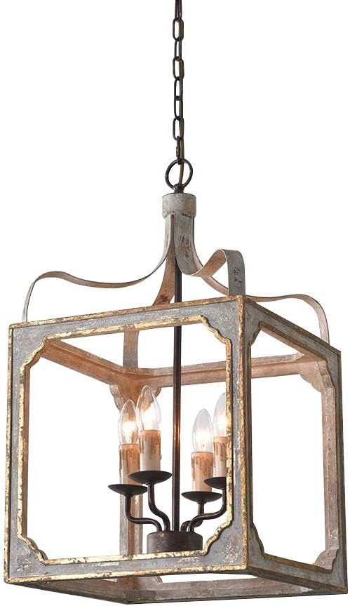 Homary 4-Light French Antique Gray Electric Suare Lantern Pendant Chandelier