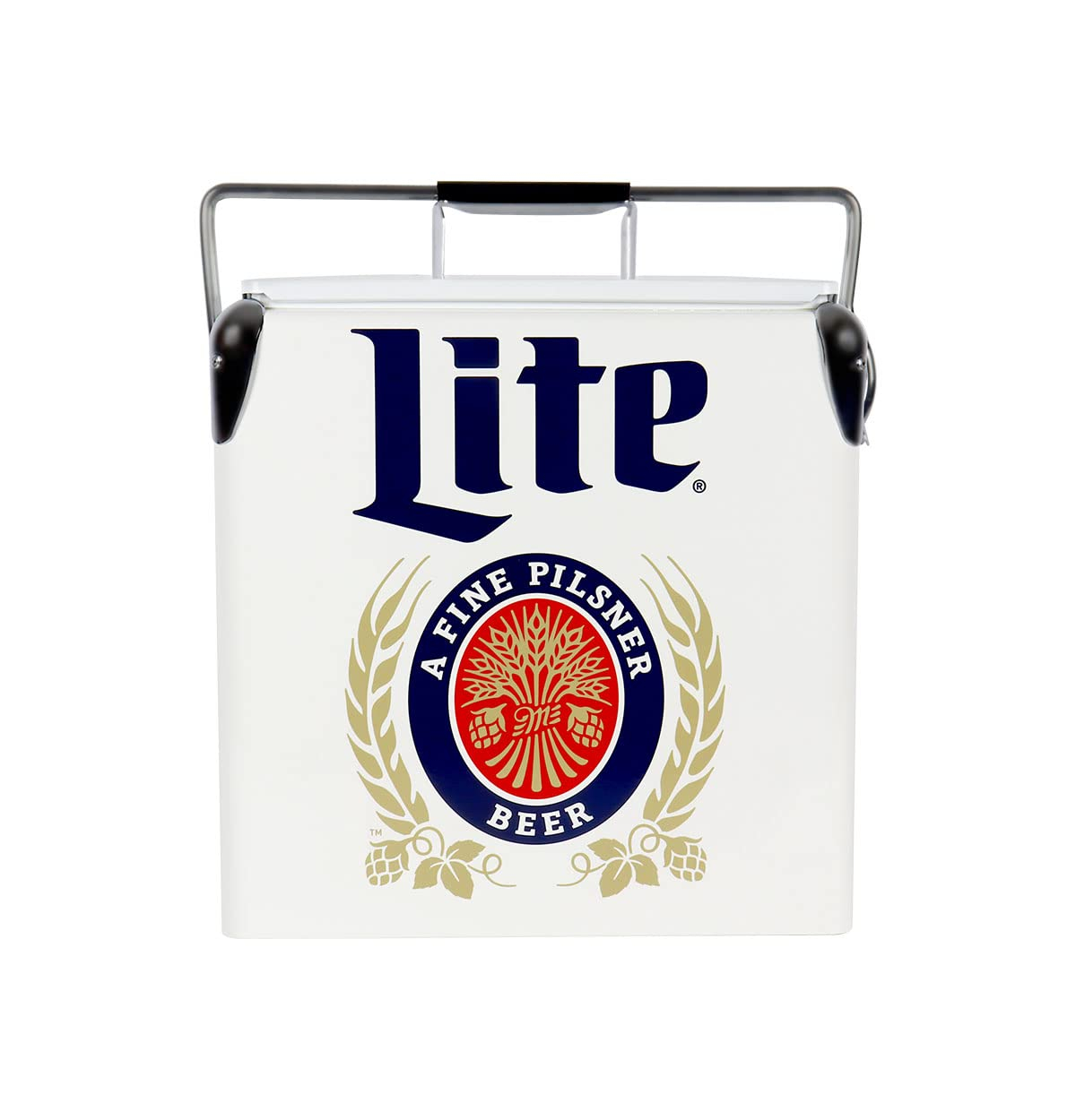 Miller Lite Retro Ice Chest Cooler with Bottle Opener 13L (14 qt), White and Blue