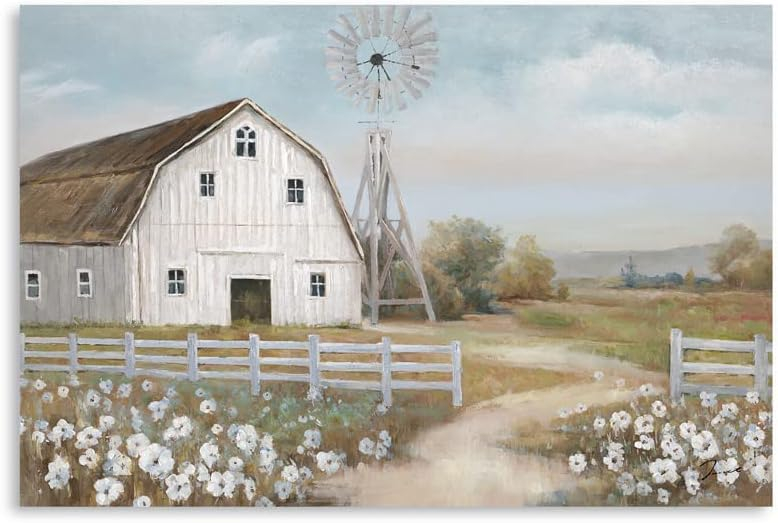 Pictures of Barns Prints Wall Canvas Old Rustic Bedroom Windmill Wall Decor Farmhouse Barn Pictures wall Art Blue sky and White Floral Retro Paintings (24"x 16"x 1panel)