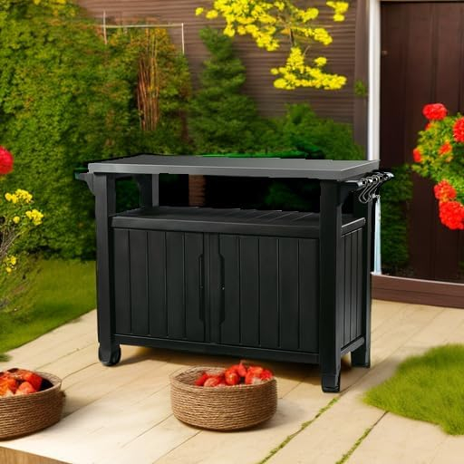 Keter Unity XL Outdoor Durable Kitchen Rolling Bar Cart with Storage Cabinet, Graphite