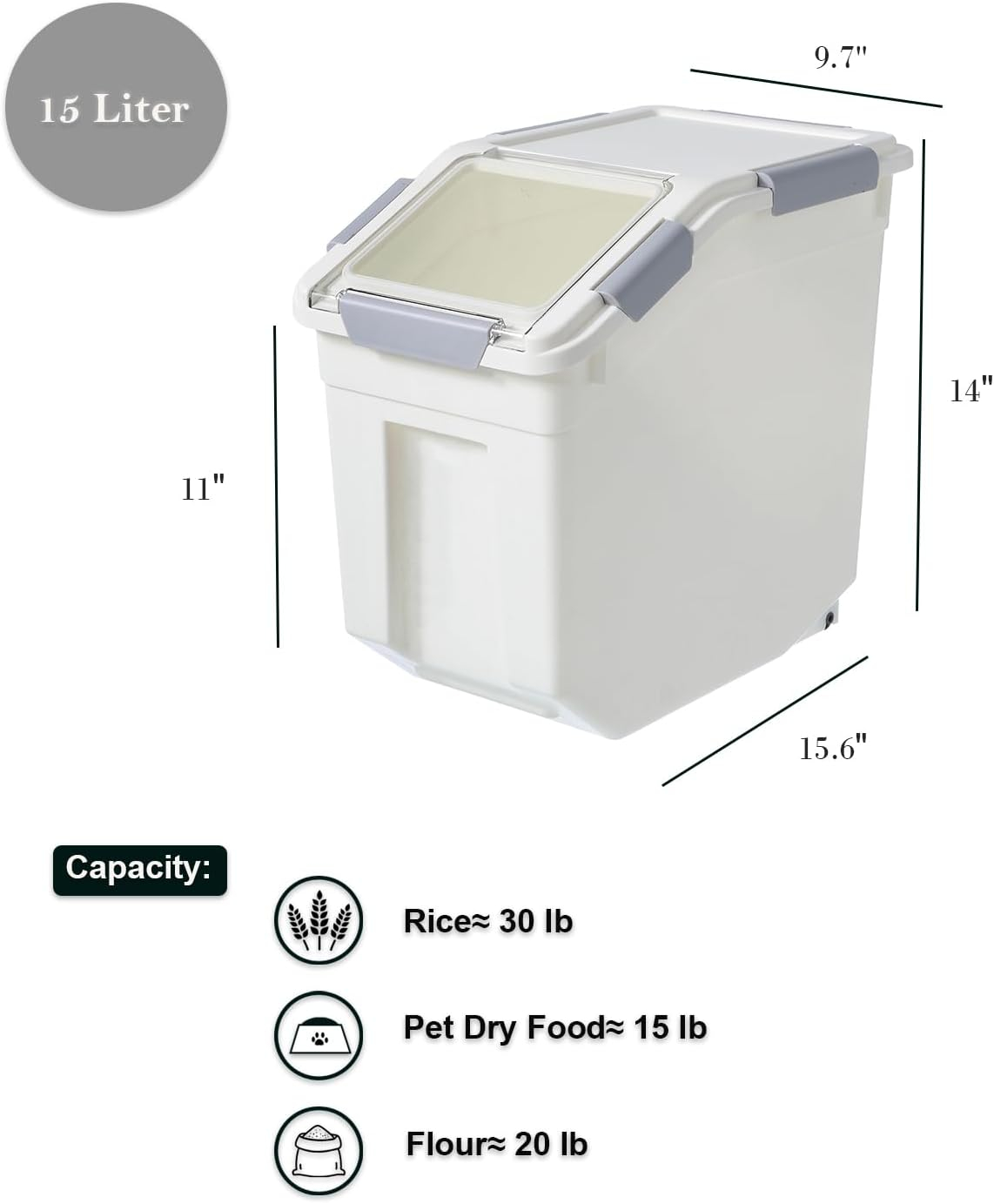 Hanamya 15 Liter Plastic Food Storage Containers with Cup in White (Set of 2)