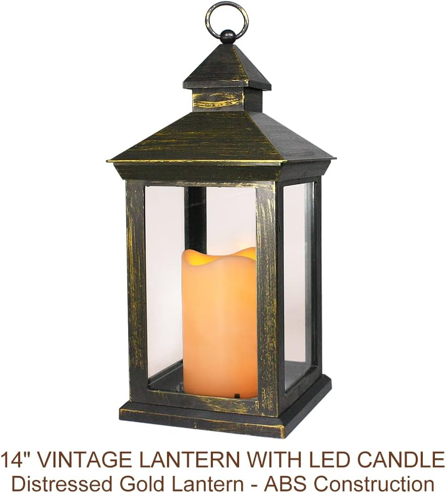 Bright Zeal 2-PACK 14 Inch Vintage Decorative Candle Lanterns With Timer - IP44 Waterproof Distressed Gold Decorative Outdoor Lanterns Battery Powered - Hanging Decorative Lanterns For Wedding Indoors