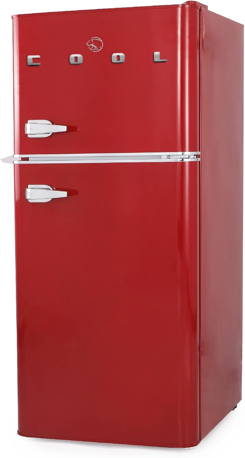 Retro Red Compact Refrigerator with True Freezer and Chrome Handles
