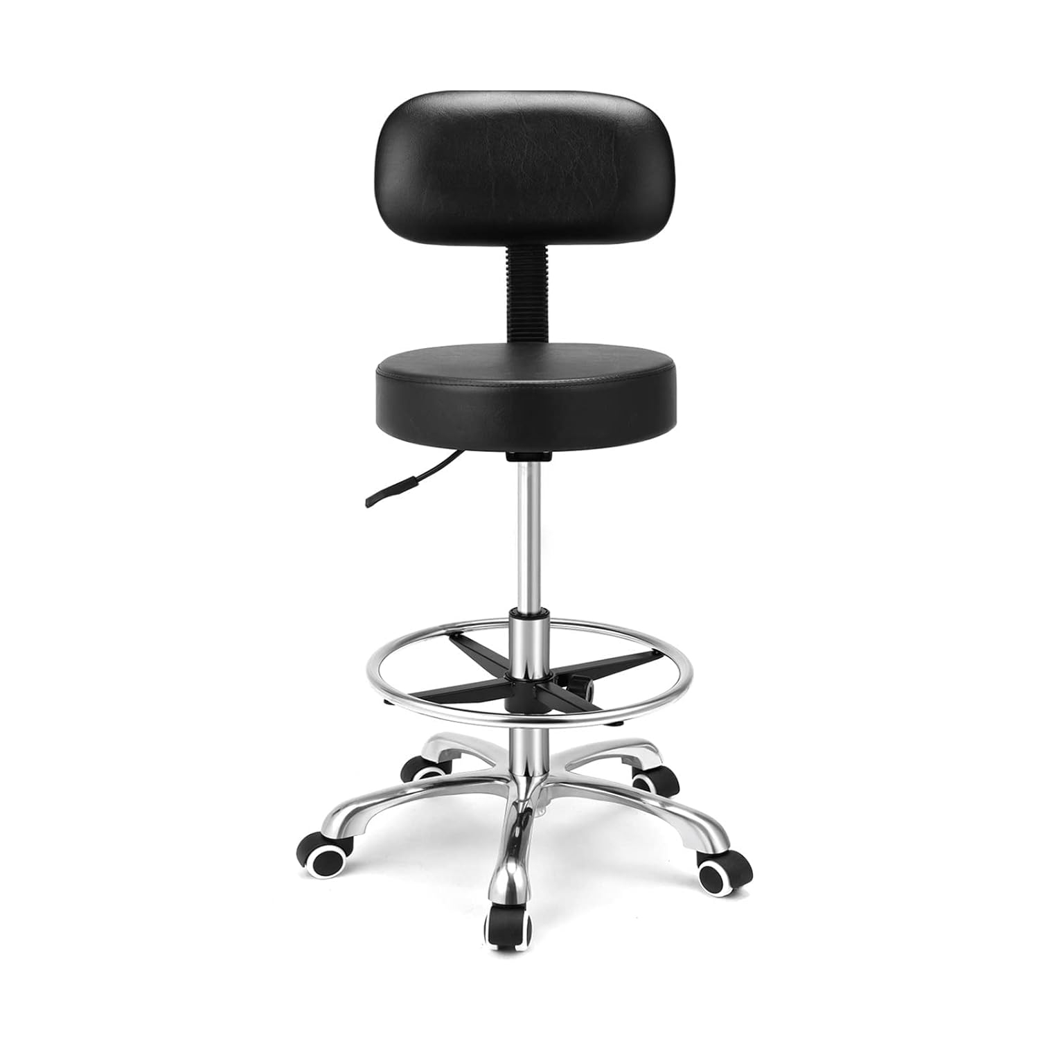 Kaleurrier Rolling Stool Salon Chair with Smooth-Rolling Wheels 360-degree Swivel Seat Heavy Duty Hydraulic Height Adjustable High Barber Cutting Stools (Black, with Backrest)
