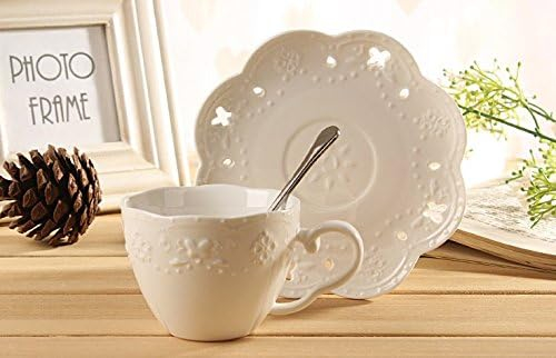 Jusalpha® White Porcelain 5OZ- Tea Cup and Saucer Coffee Cup Set with Saucer and Spoon, Set of 6 (6 Tea Cup Set With Bracket)