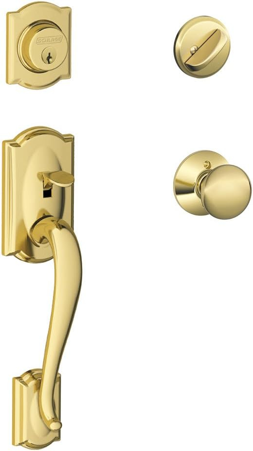 Camelot Handleset with Single Cylinder Deadbolt and Plymouth Door Knob and Rosette