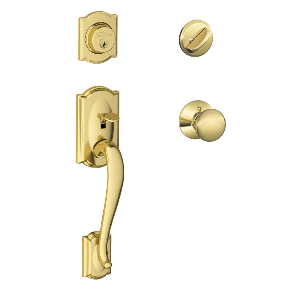 Camelot Handleset with Single Cylinder Deadbolt and Plymouth Door Knob and Rosette