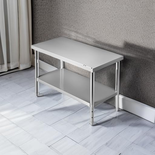 VEVOR Stainless Steel Prep Table, 48 x 24 x 34 Inch, 550lbs Load Capacity Heavy Duty Metal Worktable with Adjustable Undershelf, Commercial Workstation for Kitchen Restaurant Garage Backyard