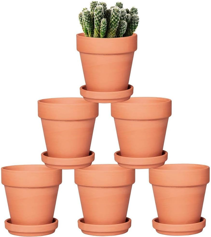 Terracotta Round Clay Plant Pots with Saucer, 5" Set of 6