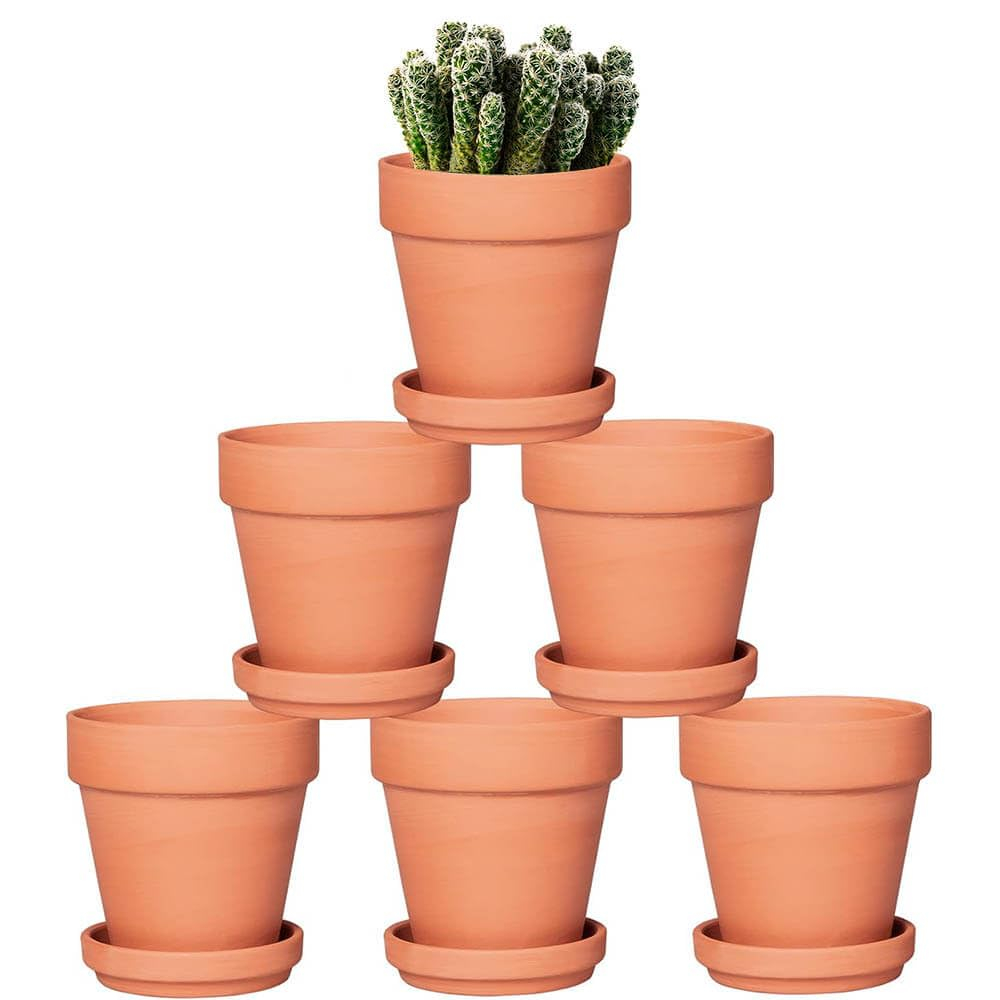 Terracotta Round Clay Plant Pots with Saucer, 5" Set of 6