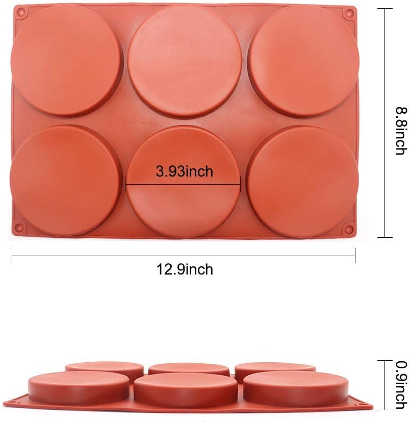 6-Cavity Large Cake Molds Silicone Round Disc Resin Coaster Mold Non-Stick Baking Molds, Mousse Cake Pan, French Dessert, Candy, Soap (Red)