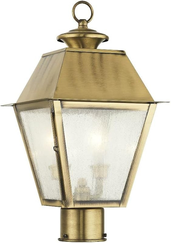 Black Brass Outdoor Post Lantern with Seeded Glass