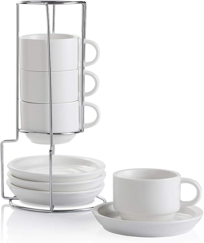 Yedio Porcelain 4 oz Espresso Coffee Cups with Saucers and Metal Stand, Porcelain White Stackable Cappuccino Cups Set of 4