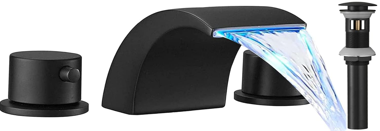 BWE 8 in. Widespread Waterfall Double Handle Three Holes Bathroom Faucet With Led Light in Black