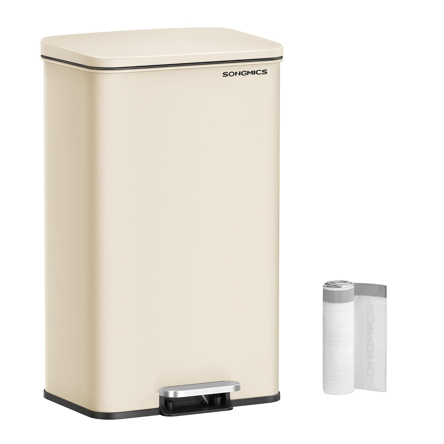 SONGMICS Kitchen Trash Can, 10.5 Gallon (40 L) Garbage Can, Large Step Trash Bin with Lid, Stainless Steel, Soft Close, 15 Trash Bags Included, Sand Beige ULTB540A01