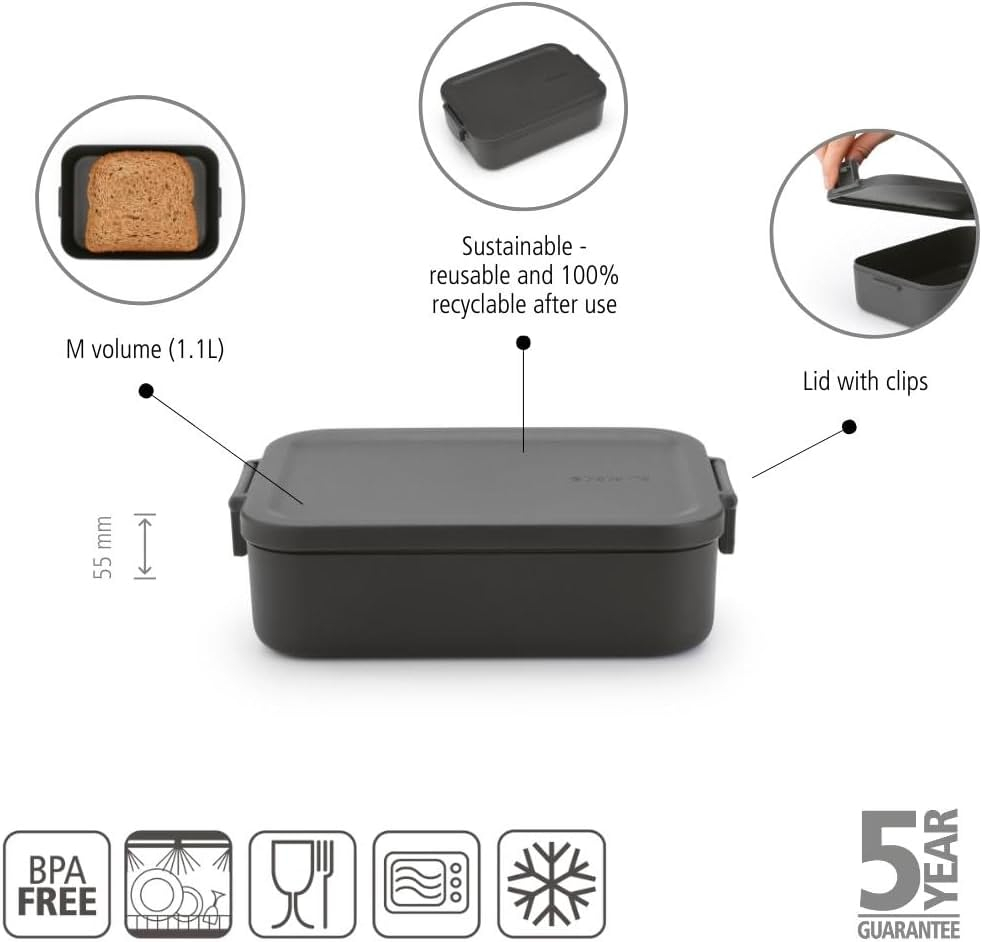 Brabantia Make & Take Medium Lunch Box (Dark Gray) BPA-Free, Airtight Snap Locks, Microwave & Freezer Safe, Travel Meal Prep Container