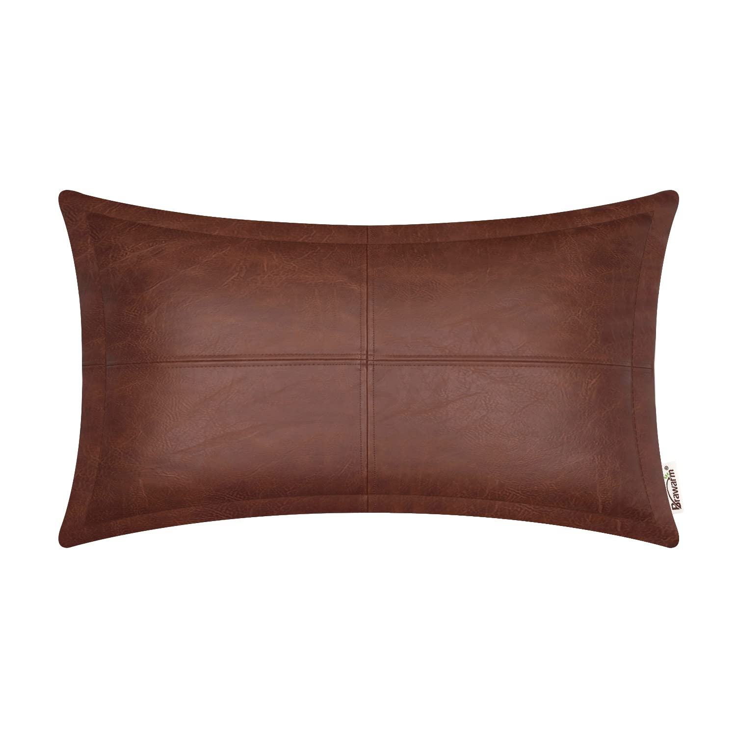 BRAWARM Dark Brown Leather Throw Pillow 12 X 20 Inches, Faux Leather Pillow Cover with Piping, Hand Stitched Leather Decorative Lumbar Throw Pillow Covers for Couch Sofa Bed Living Room Garden