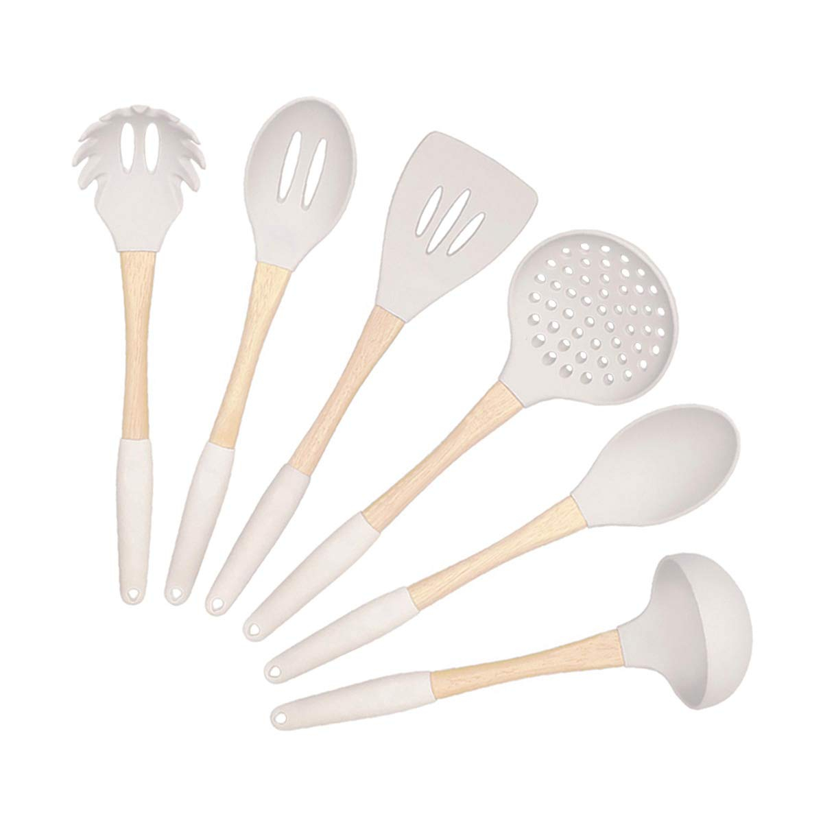 Cooking Utensils Set, VICKITCHEN 6 Piece Silicone Kitchen Utensils with Natural Wooden Handle, Nonscratch Ergonomic Kitchen Tool Set for Nonstick Cookware White