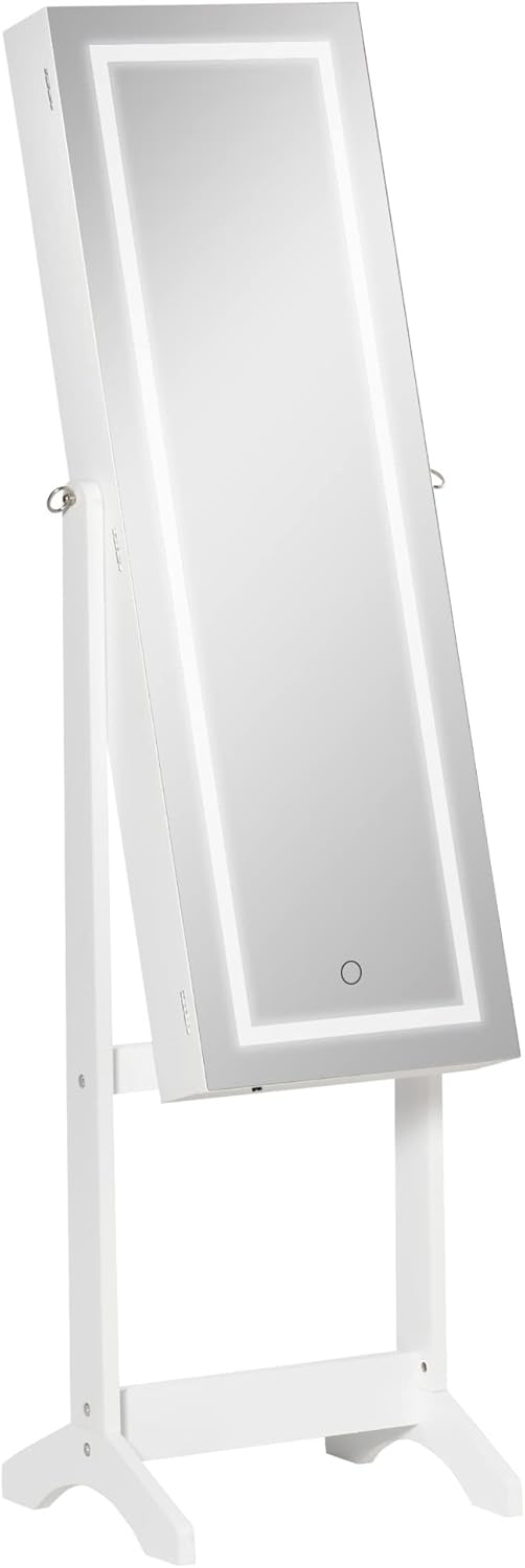 White MDF Floor Standing Jewelry Cabinet with LED Light and Mirror