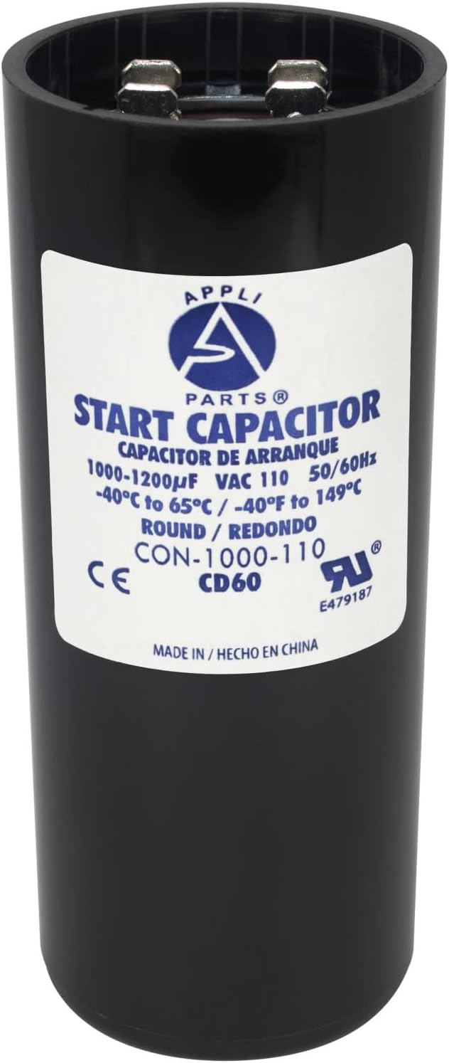 Appli Parts motor start capacitor 1000-1200 Mfd (microfarads) uF 110-125VAC universal fit for electric motor applications 1-3/4 in Diameter 4-3/8 in Height CON-1000-110