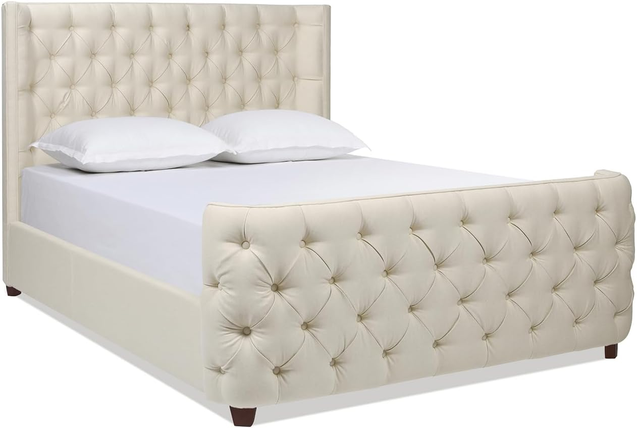 Jennifer Taylor Home Geneva Curved Wing Upholstered Platform Bed Frame, Queen, Light Beige Linen