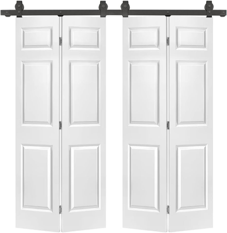 72 in. x 80 in. Hollow Core 6 Panel Primed MDF Composite Double Bi-Fold Barn Doors with Sliding Hardware Kit