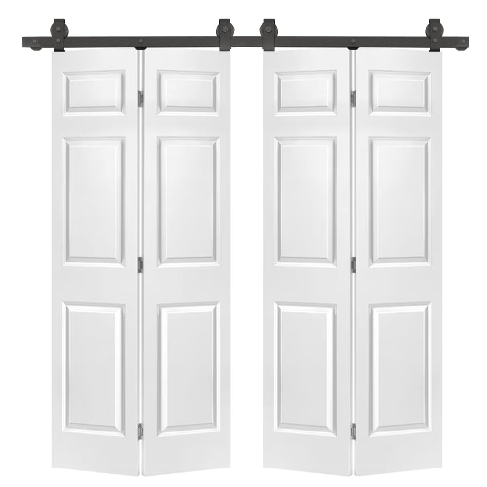 72 in. x 80 in. Hollow Core 6 Panel Primed MDF Composite Double Bi-Fold Barn Doors with Sliding Hardware Kit