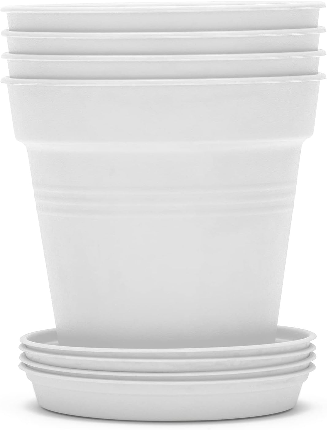 White Lightweight Plastic Round Planter Pots with Trays, Set of 4