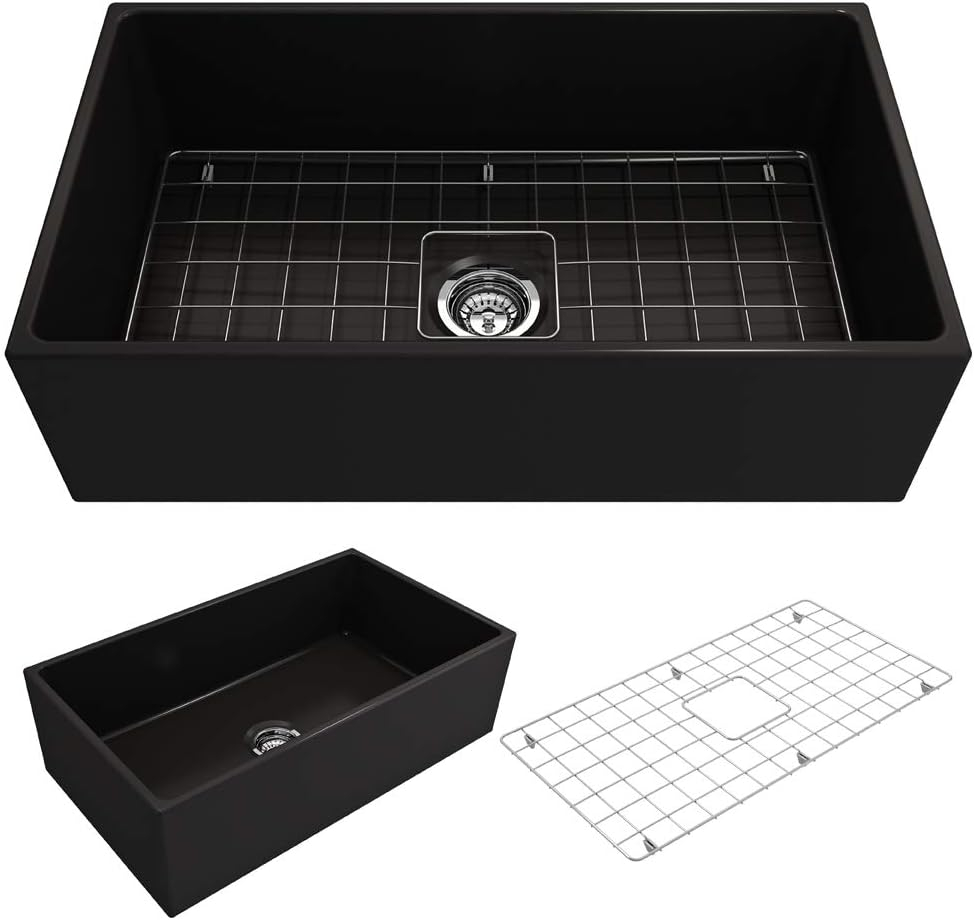 BOCCHI Contempo Farmhouse Apron Front Fireclay 33 in. Single Bowl Kitchen Sink with Protective Bottom Grid and Strainer in Matte Gray