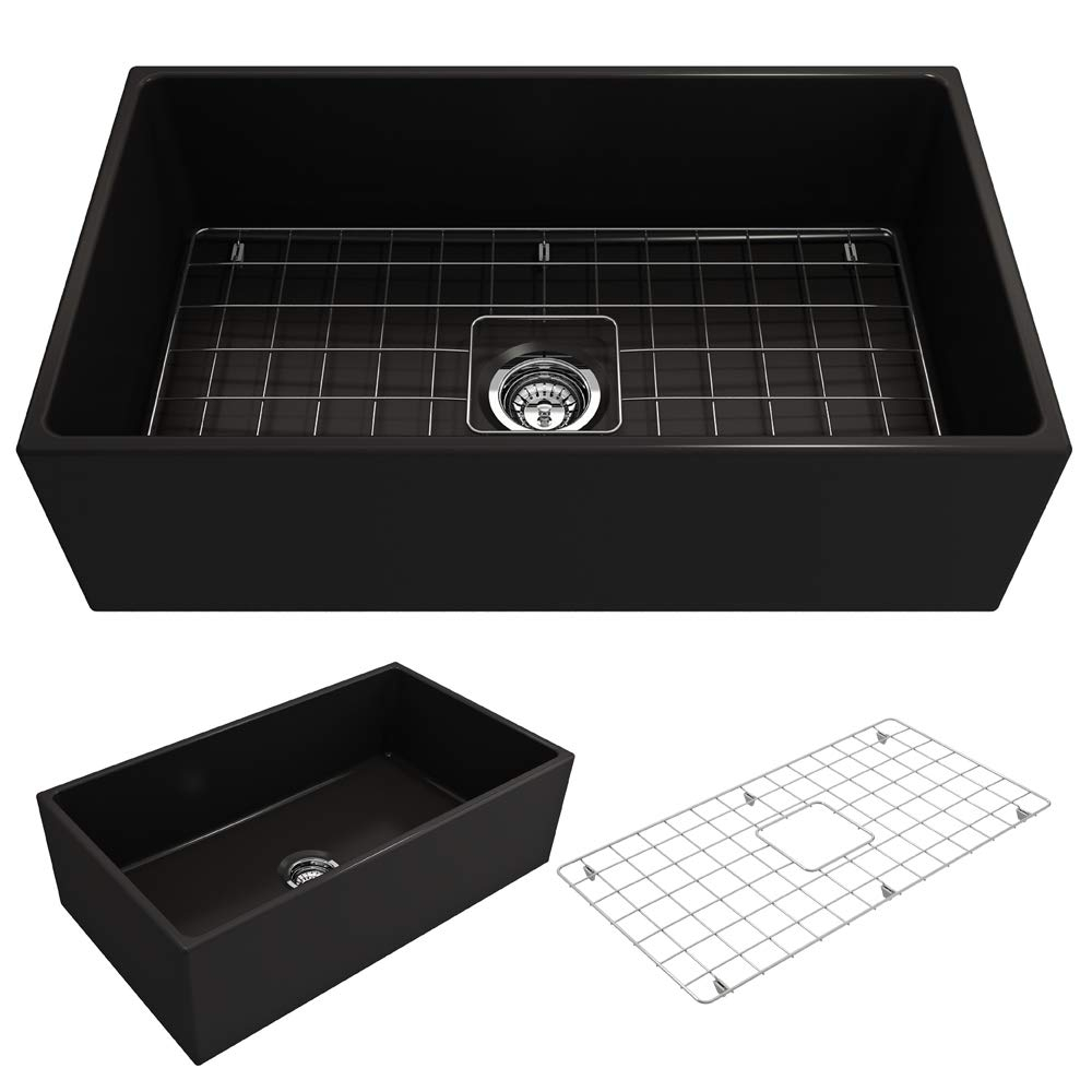 BOCCHI Contempo Farmhouse Apron Front Fireclay 33 in. Single Bowl Kitchen Sink with Protective Bottom Grid and Strainer in Matte Gray