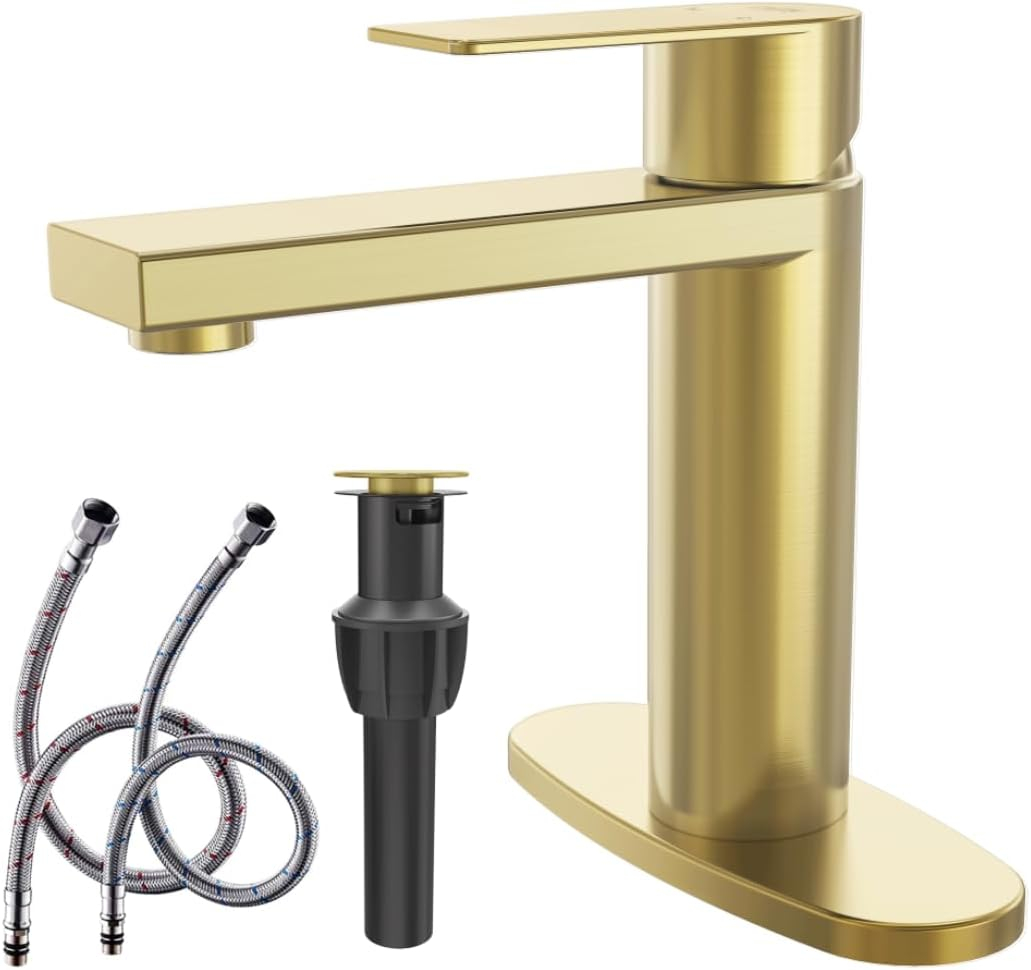 Brushed Gold Bathroom Faucet Gold Bathroom Sink Faucet Single Handle Gold Bathroom Faucet Modern Single Hole Faucet Bathroom with Pop-up Sink Drain Stopper & Deck Plate 1 or 3 Hole Bathroom Faucet