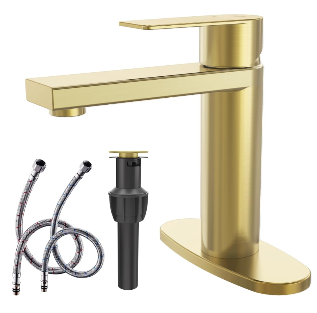 Brushed Gold Bathroom Faucet Gold Bathroom Sink Faucet Single Handle Gold Bathroom Faucet Modern Single Hole Faucet Bathroom with Pop-up Sink Drain Stopper & Deck Plate 1 or 3 Hole Bathroom Faucet